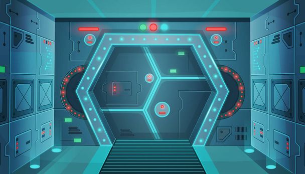 Hallway with a door in a spaceship.Vector cartoon background interior room sci-fi spaceship. Background for games and mobile applications. - Vector, Image