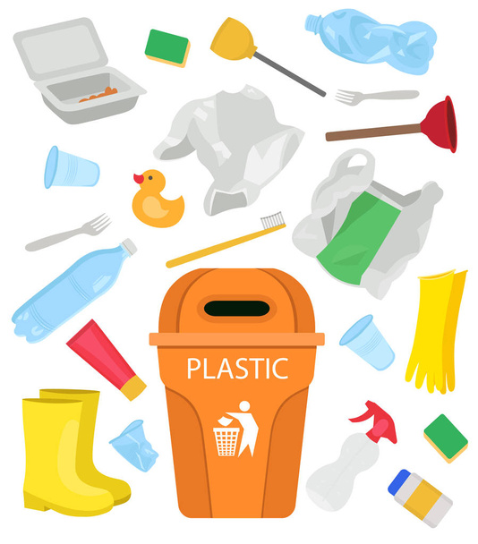 Kunststof afval. Flessen, tassen, handschoenen, eend, rubberen laarzen, wegwerp gerechten.Cartoon vector illustratie. - Vector, afbeelding