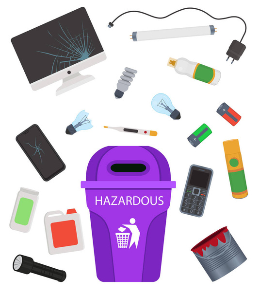 Basura peligrosa para el hogar. Residuos electrónicos, basura tóxica. Dibujos animados vector ilustración
. - Vector, Imagen