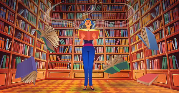 Biblioteca estantes de libros con una chica y libros voladores ilustración vectorial de dibujos animados
. - Vector, Imagen