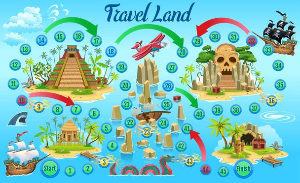 Tropics game board  or children. Ship trip for treasure. Vector illustration.Age 3-72-4 playersFascinating pirate adventure game for kids.While playing kids are going to quickly learn num - Vector, Image