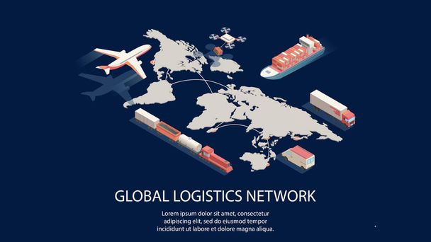 Concepto de red logística global isométrica. Aire, ferrocarril de transporte de carga, transporte marítimo, entrega por DRON, entrega puntual
 - Vector, imagen