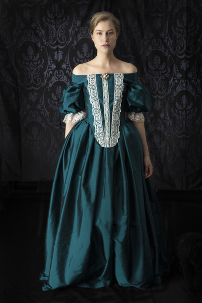 Mulher vitoriana, renascentista ou do século XVIII em um vestido de seda com detalhes em renda em um fundo escuro
  - Foto, Imagem