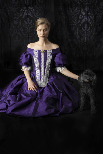 Victorian, renessanssin tai 17th-luvun nainen silkki mekko pitsi yksityiskohtaisesti tumma tausta. Hän poseeraa pienoisvillakoiran kanssa.
. - Valokuva, kuva
