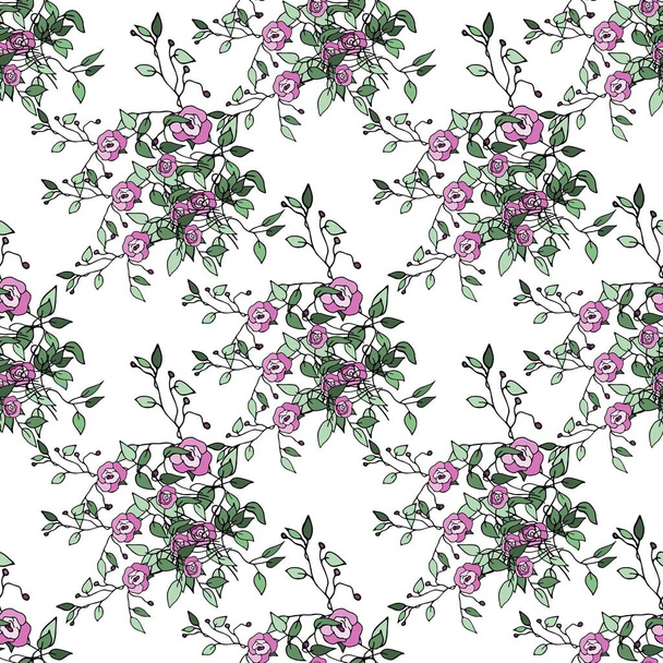 pink outline roses flowers with green leaves pattern illustration on white background - ベクター画像