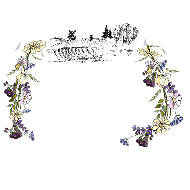 ilustración sin fisuras de flores silvestres e ilustración de la aldea de contorno sobre fondo blanco
 - Vector, imagen