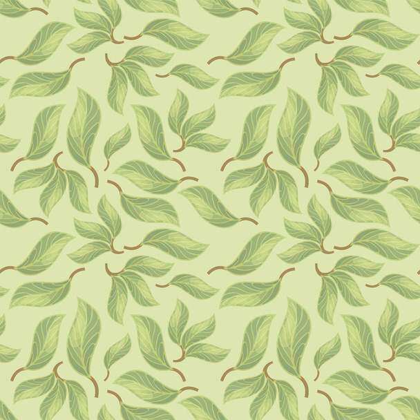 Seamless vector pattern with green forest leaves with veins on a light green shade background. - Vektor, obrázek