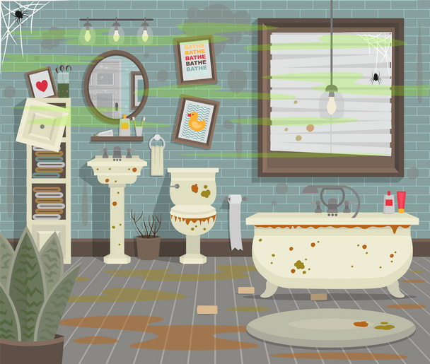schmutzige Badezimmer mit WC-Waschbecken Badewanne und Accessoires im modernen Stil. flache Vektorabbildung. - Vektor, Bild