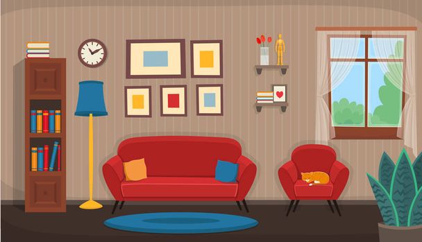 Obývací pokoj s židlí, pohovkou, oknem, knihovnou. Byt ozy interiér v karikaturním stylu. - Vektor, obrázek