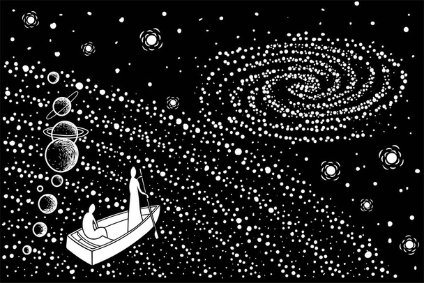 Deux âmes dans un bateau se déplacent à travers l'univers vers une autre galaxie. Illustration vectorielle. - Vecteur, image