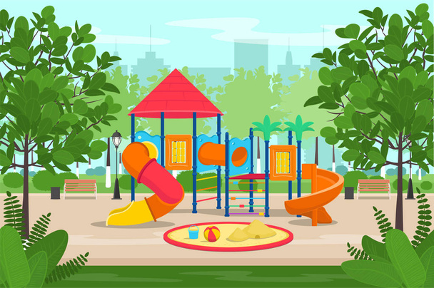 Kinderspielplatz mit Rutschen und Schlauch im Park. Zeichentrickvektorillustration.  - Vektor, Bild
