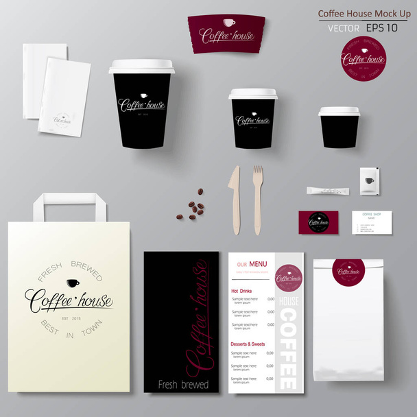 Diseño de plantilla de identidad corporativa de cafetería con logotipo de caligrafía. Llévate la maqueta.
 - Vector, imagen