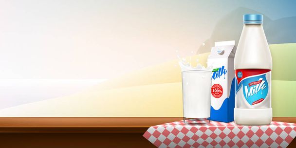 ベクトルミルクボトル、あなたのデザインのための準備ができてモックアップ。飲料製品のコンセプトの背景バナー牛乳やヨーグルトの渦巻きとミルクボトルと現実的なイラスト. - ベクター画像