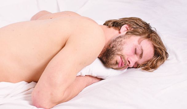 Man unshaven bearded face sleep bed. Time for nap. Sleep and relax concept. Man handsome guy sleep. Sleep is vital to your physical and mental health. Healthy sleep habits. Feel comfortable and relax - 写真・画像