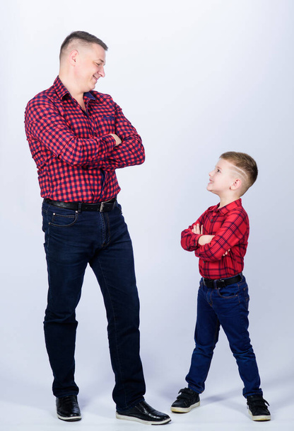 Father little son red shirts family look outfit. Best friends forever. Happiness being father of boy. Dad and adorable child. Parenthood concept. Fathers day. Father example of noble human. Cool guys - Valokuva, kuva