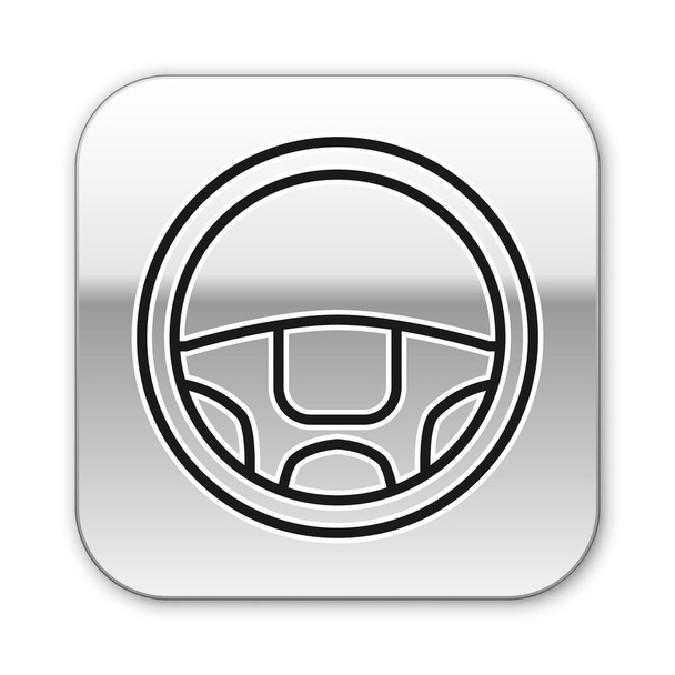 Siyah çizgili direksiyon simgesi beyaz arkaplanda izole edilmiş. Araba tekeri ikonu. Gümüş kare düğme. Vektör İllüstrasyonu - Vektör, Görsel