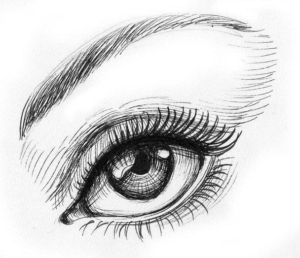 Gyönyörű női szem. Tinta fekete-fehér rajz - Fotó, kép