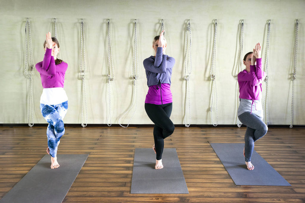 Clase de Yoga, Grupo de Personas Relajándose y Haciendo Postura de Yoga. Bienestar y estilo de vida saludable
. - Foto, imagen