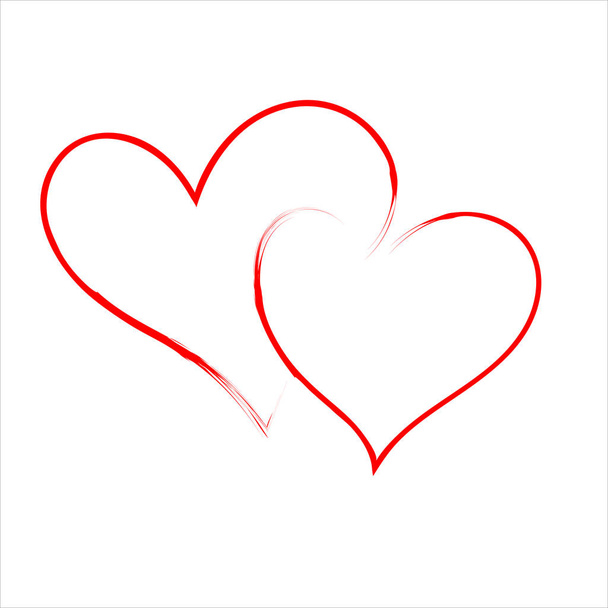 白い背景に赤い輪郭のベクトルの心のカップル。ホリデーデザイン要素バレンタイン。ウェブ、結婚式や印刷のためのアイコンの愛の装飾。孤立した書字図. - 写真・画像