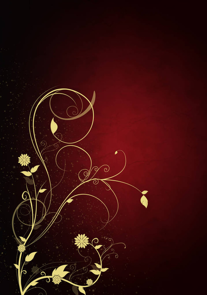 Elegant black and red background with swirls and little leaves and space for your text - Photo, Image