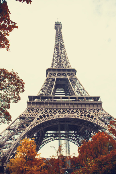 パリ。秋のシーズンのエッフェル塔のゴージャスな広角ビュー - 写真・画像