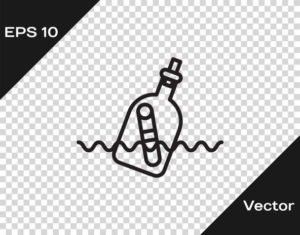 Černá čára Skleněná láhev se zprávou v ikoně vody izolované na průhledném pozadí. Dopis v láhvi. Pirátský symbol. Vektorová ilustrace - Vektor, obrázek