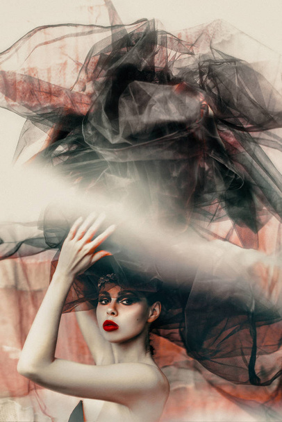 fashionable stylish woman portrait with red lips concept - 写真・画像