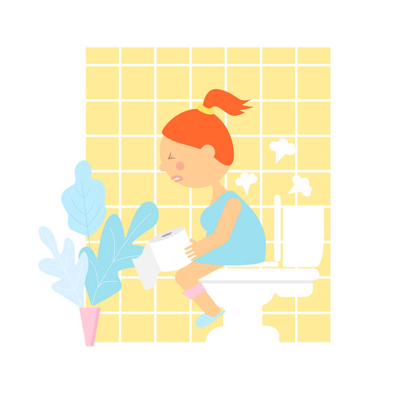La mujer de dibujos animados está sentada en el inodoro. problema de vejiga urinaria o concepto de enfermedad. dolor de estómago mujer - Vector, Imagen