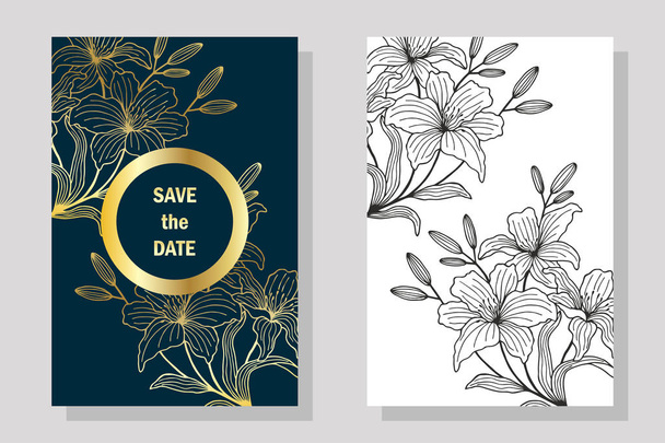 Set of cards with lily flowers, leaves. Wedding navy blue and gold concept. Vector illustration eps10.  - Vetor, Imagem
