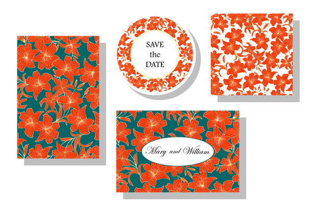 Set of cards with lily flowers, leaves. Wedding  red and blue and gold concept. Vector illustration eps10.  - Vector, Image