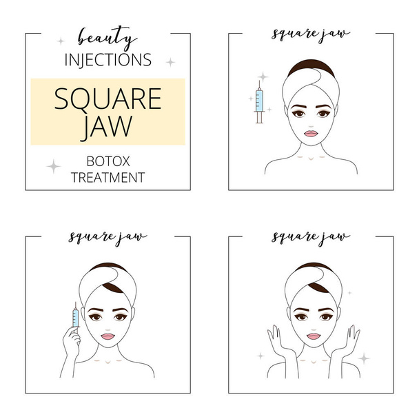 Botox treatment, beauty injections, square jaw step by step. - Vector, Image