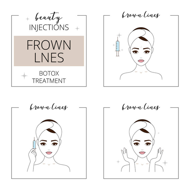 Botox treatment, beauty injections, frown lines step by step. - Vector, Image