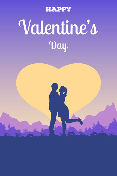 Valentin napi képeslap szerelmespárral. Egy férfi és egy nő ölelkezik a naplemente hátterében. Romantikus koncepció, szív alakú nappal. Vektor illusztráció plakát, szórólap. - Vektor, kép
