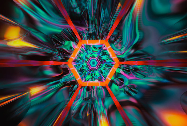 シアン色の六角形を持つ抽象的なカラフルなVjトンネル。未来,  - 写真・画像