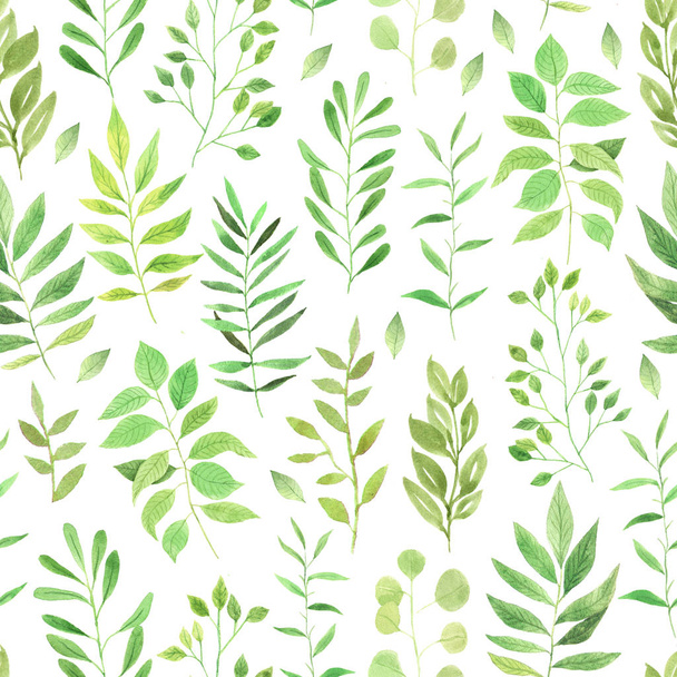 Seamless pattern with watercolor green leaves - Foto, Imagen