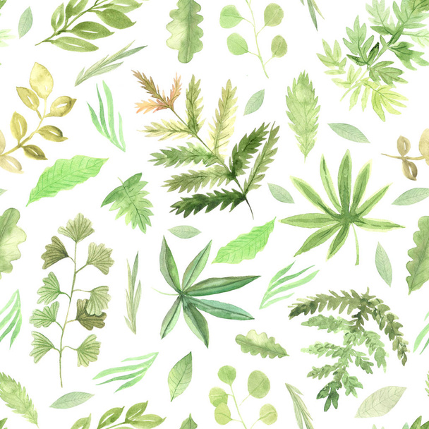 Seamless pattern with watercolor green leaves - Fotoğraf, Görsel