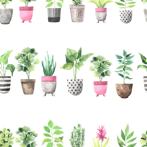 Seamless pattern with watercolor house green plants - Фото, зображення