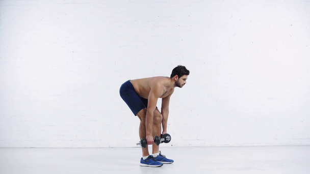 sportsman exercising with dumbbells on white background - Πλάνα, βίντεο