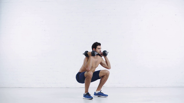 sportsman exercising with dumbbells on white background - Кадри, відео