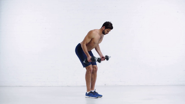 deportista haciendo ejercicio con mancuernas sobre fondo blanco
 - Imágenes, Vídeo