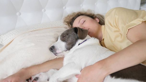 Жінка спить з собакою в ліжку на подушці
 - Фото, зображення