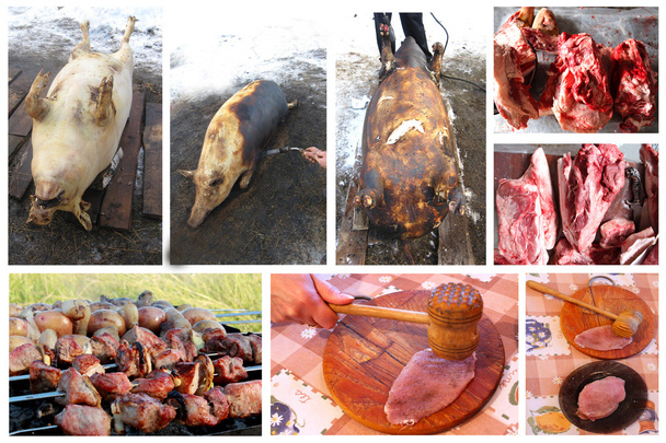 Prozess, bei dem Fleisch von der Schlachtung zum frischen Gericht gelangt - Foto, Bild