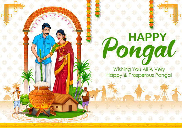 Happy Pongal Holiday Harvest Festival of Tamil Nadu South India greeting background - Vector, Image