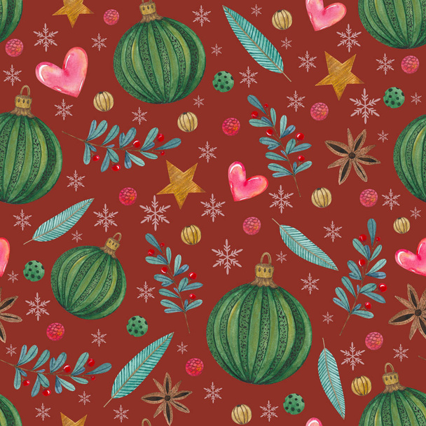 watercolor christmas seamless pattern with new year decor elements. Balls, leaves,berries,stars,hearts on dark red background - Photo, Image