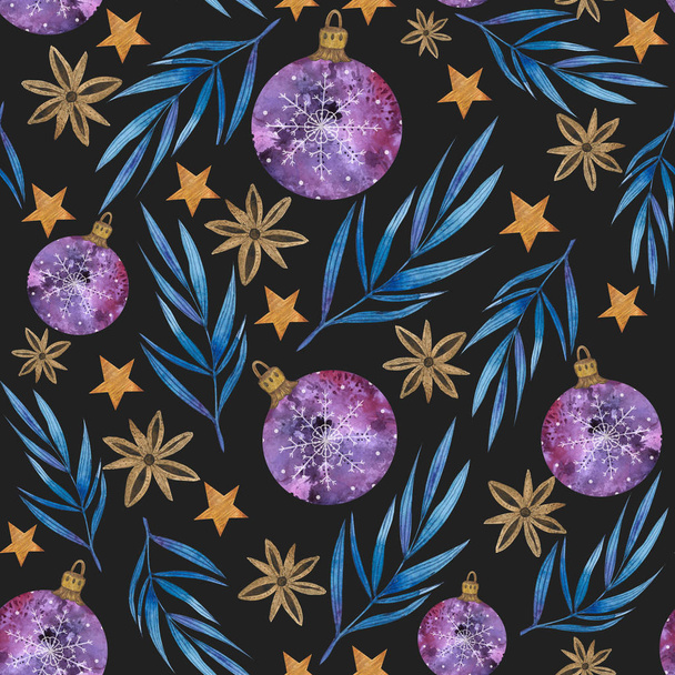 watercolor christmas seamless pattern with new year decor elements. Balls, leaves ,stars,hearts on black background - Photo, Image