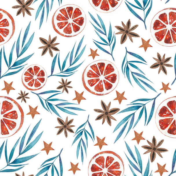 акварелью Рождество бесшовный узор с элементами новогоднего декора. Апельсины, листья, звезды на белом фоне
 - Фото, изображение