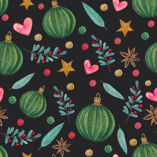 watercolor christmas seamless pattern with new year decor elements. Balls, leaves,berries,stars,hearts on dark black background - Photo, Image