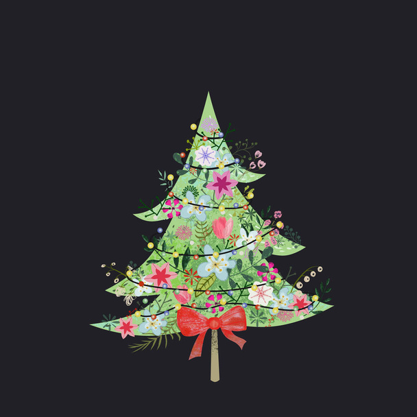 Χριστουγεννιάτικο δέντρο διακοσμημένη εικόνα. Αστέρι, διακόσμηση μπάλες έννοια σε πολύχρωμο καρτούν επίπεδη στυλ. Καλά Χριστούγεννα και ευτυχισμένο το νέο έτος σχεδιασμού για την προώθηση, αφίσα, ευχετήρια κάρτα - Φωτογραφία, εικόνα