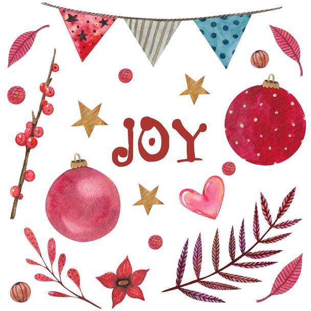 watercolor christmas set with new year red decor elements. Balls, leaves,berries,stars,hearts on white background - Photo, Image