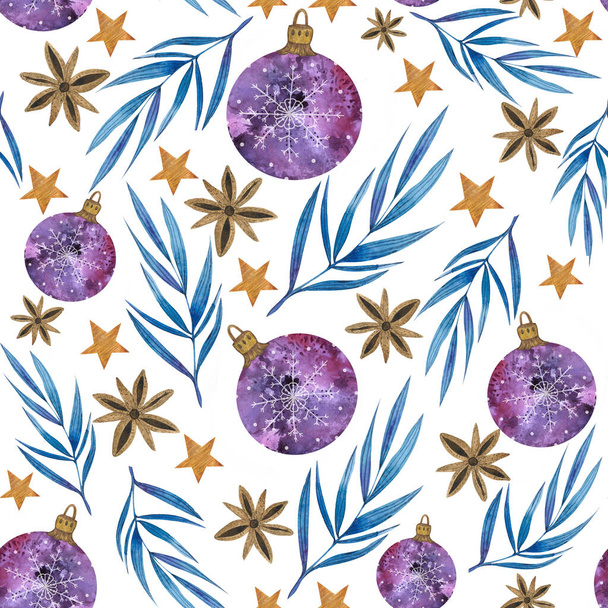 Aquarell Weihnachten nahtlose Muster mit Dekorelementen für das neue Jahr. Kugeln, Blätter, Sterne, Herzen auf weißem Hintergrund - Foto, Bild